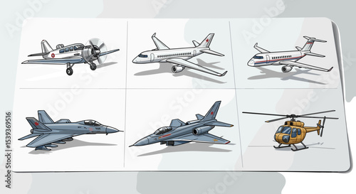 Illustration of six different aircraft including prop plane jets and helicopter on a white background