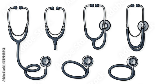 Seven stethoscope illustrations showcasing different arrangements and orientations on a white background