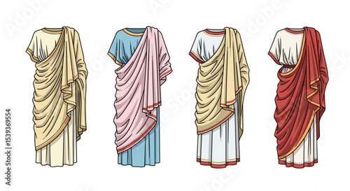 Illustration showing four different styles of ancient roman togas with varying colors and draping designs