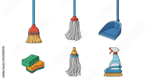 Illustration of various cleaning supplies including brooms mops sponges and a spray bottle for cleaning tasks