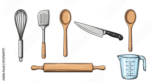 Illustration of various kitchen utensils including spoons whisk spatula knife and measuring cup on white