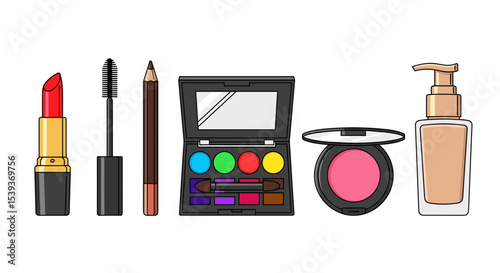 Illustration of various makeup products including lipstick mascara eyeshadow blush and foundation bottle
