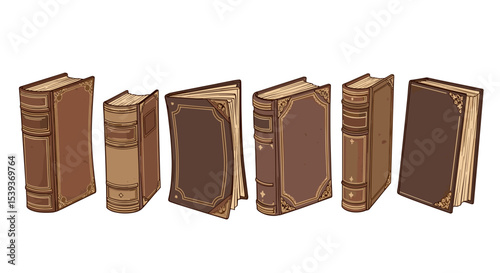 Illustration of six antique books standing in a row with brown covers and decorative spines details