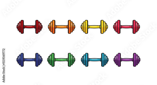 Arrangement of eight colorful dumbbells in two rows displaying a vibrant rainbow gradient effect fitness theme