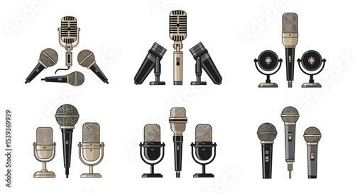 Illustration showcasing a variety of vintage and modern microphones arranged in distinct groupings