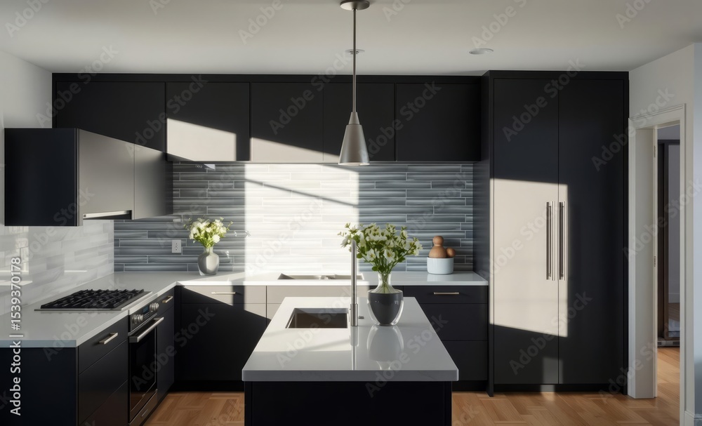 Fototapeta premium A contemporary gray haven unfolds featuring dark gray flat-front cabinets pristine white quartz countertops and a glossy gray linear tile backsplash creating a sophisticated and minimalist aesthetic T