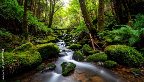 Mossy Stream with Lush Rainforest.