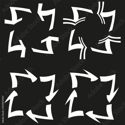 Arrow symbol icon. Curved direction figure. Vector black shape. Motion pattern form.