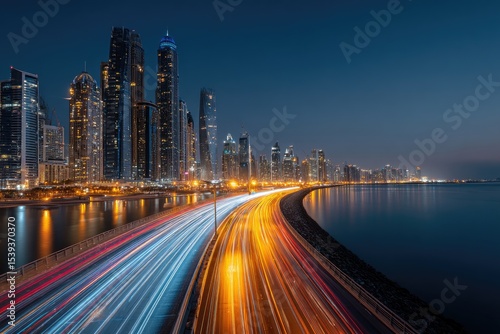 Night cityscape with a highway, illuminated by car lights streaking across the road, curving along the waterfront, beside tall modern buildings