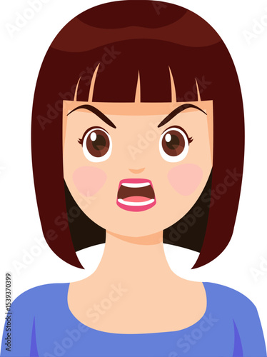 Angry Woman with Bob Cut: A cartoon woman with an angry facial expression and a short bob hairstyle. She's in a state of obvious anger, capturing the peak of rage.