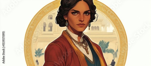 Elegant portrait of a poised woman in traditional attire, framed by opulent architectural details