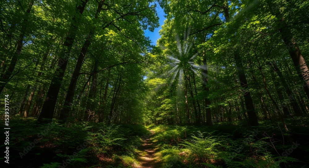 Obraz premium Sun Rays Through Green Forest Path, Summer Solstice Day in Woodland