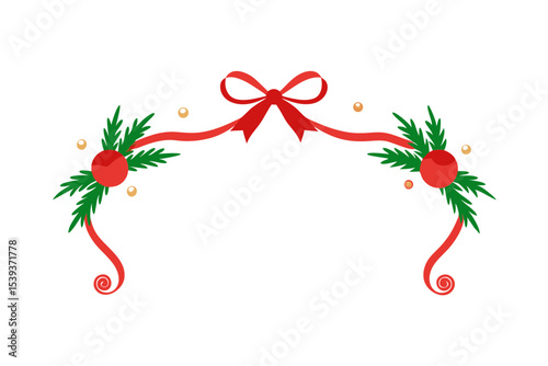 Christmas frame with pine garland ribbon swirls.