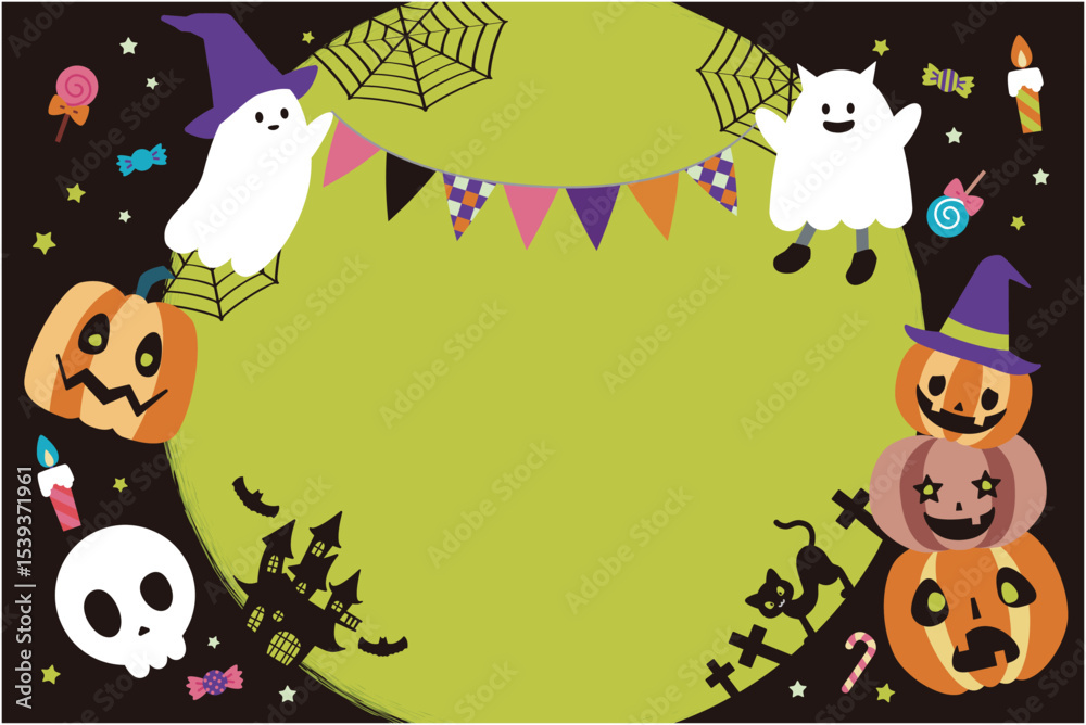 Naklejka premium ハロウィンパーティー ジャックオランタンとオバケの背景素材 横長
