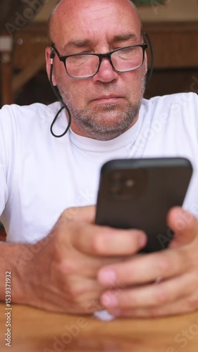 Focused man using phone in vertical screen video format inside cafe setting