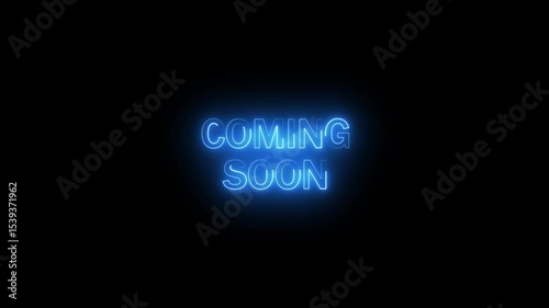Coming soon neon glowing symbol. Light color bulbs. Glowing blue neon Coming Soon text with animation on dark background