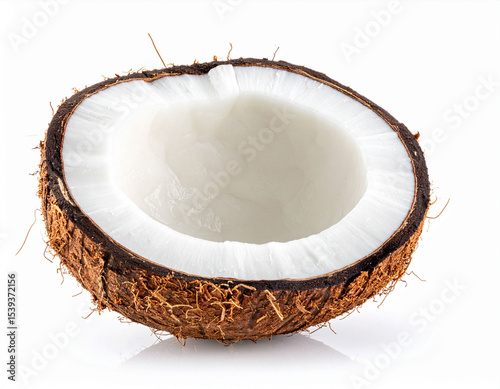the image shows half of a spherical fruit, revealing its inner layers. the outer layer is brown and fibrous, with a rough texture and small strands protruding