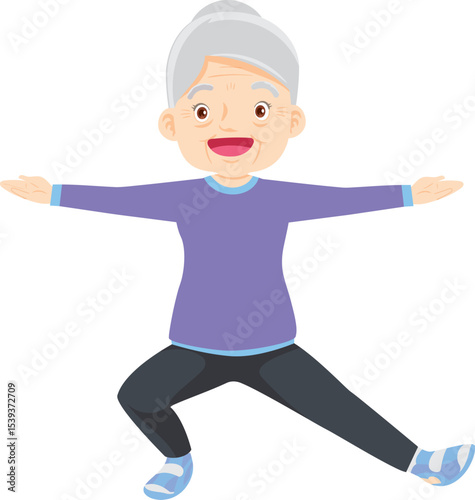 Senior Woman Embracing Wellness: This image features an elderly woman in active pose demonstrating vitality and graceful aging through health and fitness, she show joy and happiness.