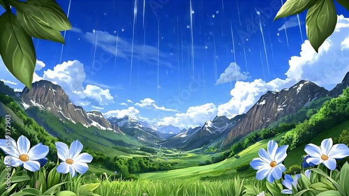 Tranquil Rain Shower Over Lush Green Valley and Majestic Mountains