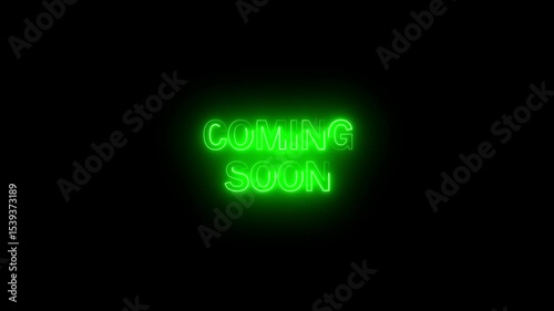 Coming soon neon glowing symbol. Light color bulbs. Glowing blue neon Coming Soon text with animation on dark background