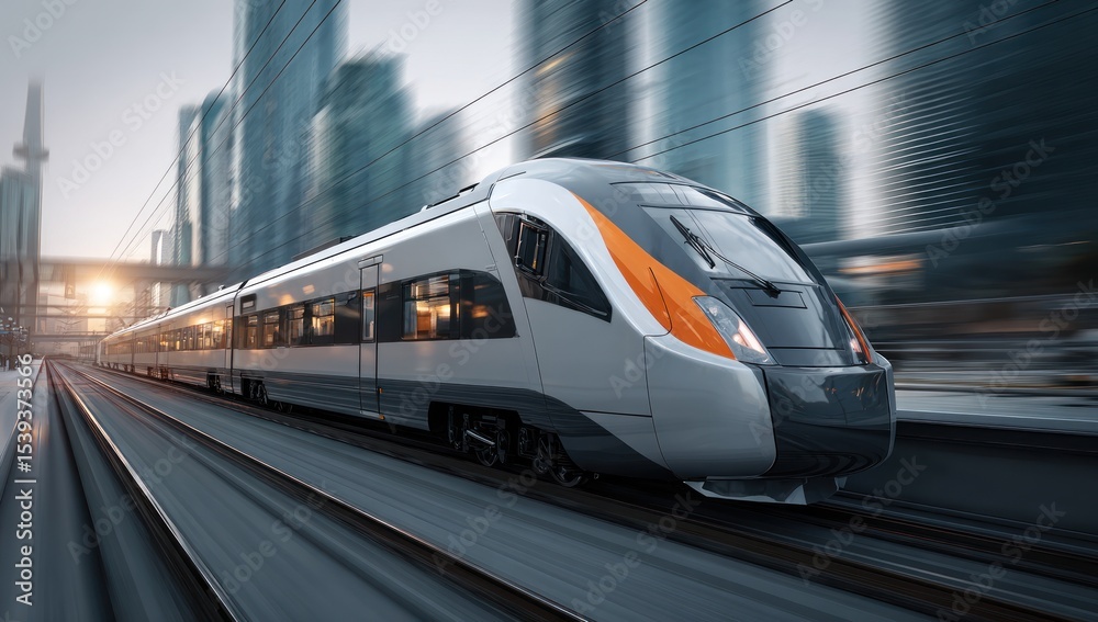 Naklejka premium Modern train speeding through city