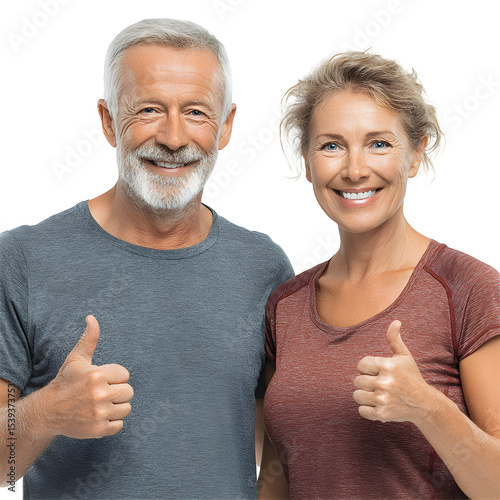 Smiling senior couple giving thumbs up, happy mature man and woman portrait, positive approval gesture on white background