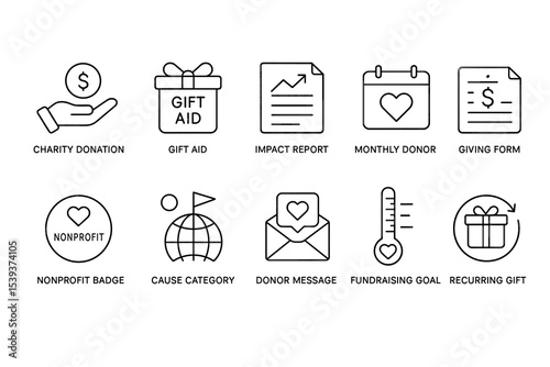 Charity icons: donation, gift aid, impact report, donor, nonprofit, fundraising, goal, gift