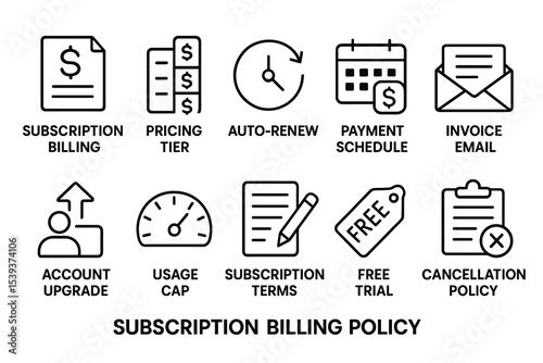 Subscription billing icons: pricing, auto-renew, payment schedule, invoice, terms, cancellation