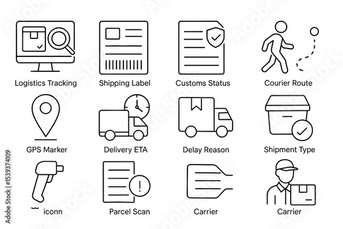 Logistics and shipping icons: tracking, labels, status, routes, and carrier details