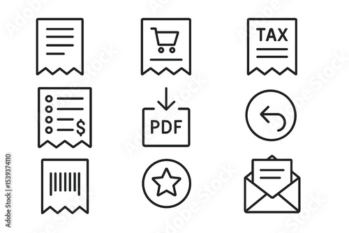 Set of black line icons: receipts, shopping cart, tax, pdf conversion, and more