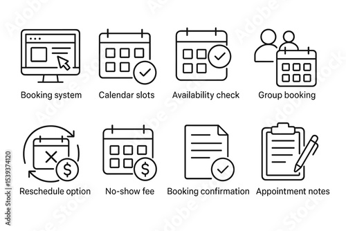 Online booking system icons: calendar slots, group booking, no-show fee, appointment notes