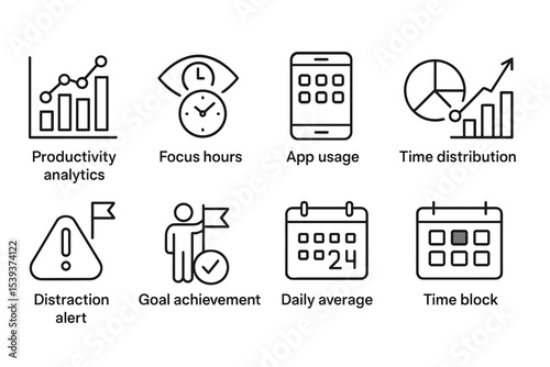 Productivity analytics icons illustrating app usage and time management tools