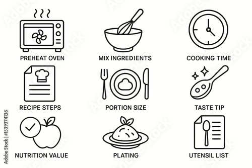 Cooking guide icons: preheat, mix, cooking, recipe, portion, taste, plating, utensils