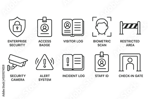 Enterprise security icons: access badge, visitor log, biometric, security camera, alert system