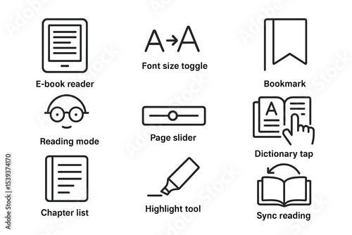 E-book reader interface icons: font size, bookmark, reading mode, and more tools