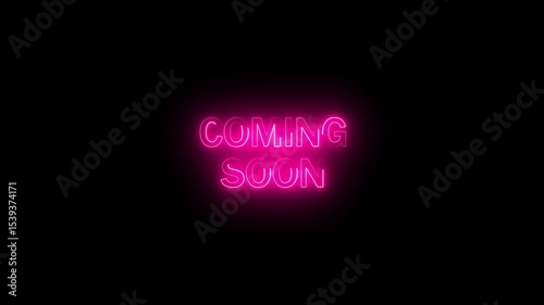 Coming soon neon glowing symbol. Light color bulbs. Glowing blue neon Coming Soon text with animation on dark background