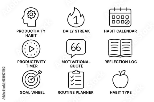 Productivity habit tools and icons for daily routine planning and motivation