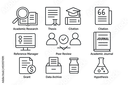 Academic research icons: thesis, citation, peer review, journal, hypothesis