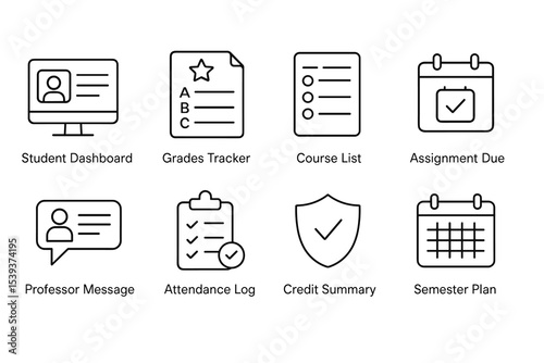 Education management icons: student dashboard, grades tracker, course list, and more