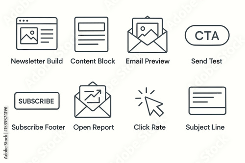 Email marketing icons: newsletter, content block, email preview, subscribe, click rate
