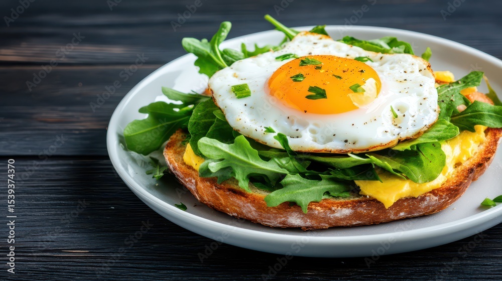 Eggcellent Start: A close-up shot of a perfectly prepared egg sunny-side up, nestled atop a toasted slice of bread, adorned with fresh greens, offering a delicious glimpse into the world of breakfast. Eggcellent Start: A close-up shot of a perfectly prepared egg sunny-side up, nestled atop a toasted slice of bread, adorned with fresh greens, offering a delicious glimpse into the world of breakfast.