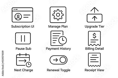 Subscription management icons: ui, payment, billing, renewal, pause, upgrade