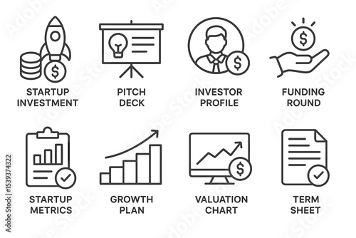 Business icons representing startup investment, metrics, growth plan, investor profile, valuation, and funding