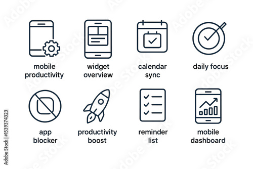 Mobile productivity tools and features icons set