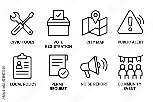 Icons representing civic tools, vote registration, city map, public alert, and community engagement