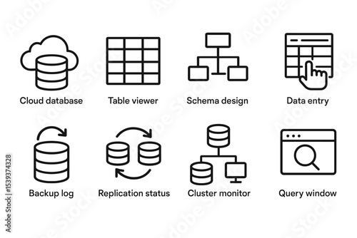 Database management icons: cloud, schema, replication, query, monitor