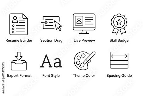 Icon set for resume builder and design tools featuring skill badge and theme color options