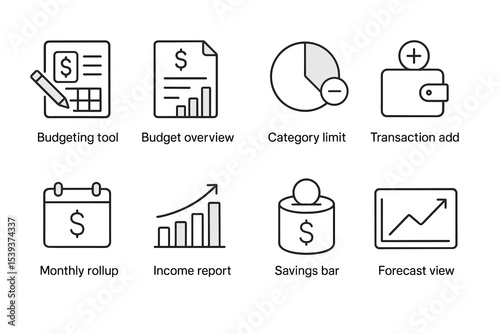 Financial management icons: budgeting tool, reports, and savings overview