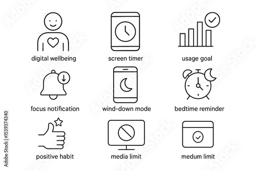Digital wellbeing icons for screen time management and healthy device use