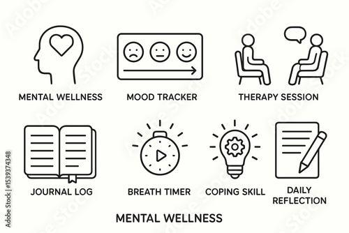 Mental wellness concepts: mood tracker, therapy session, journaling, and coping skills